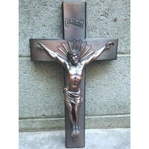 Vintage Parsons  Curved Bronze Crucifix Casket Topper  15.75"x9"
